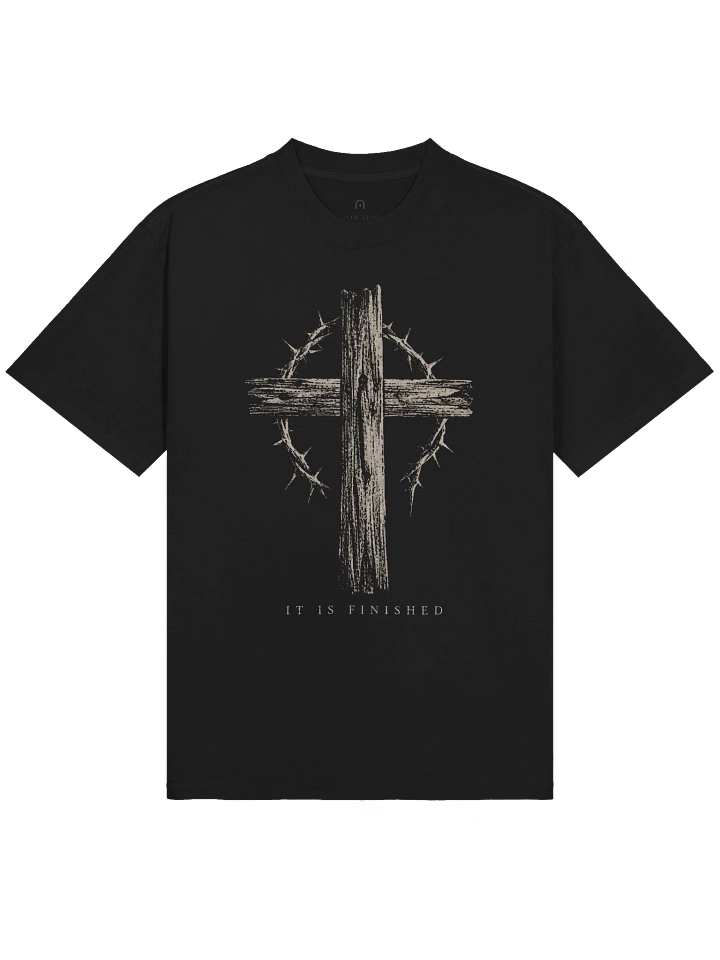 It Is Finished, a wooden cross wrapped in thorns on faded black cotton
